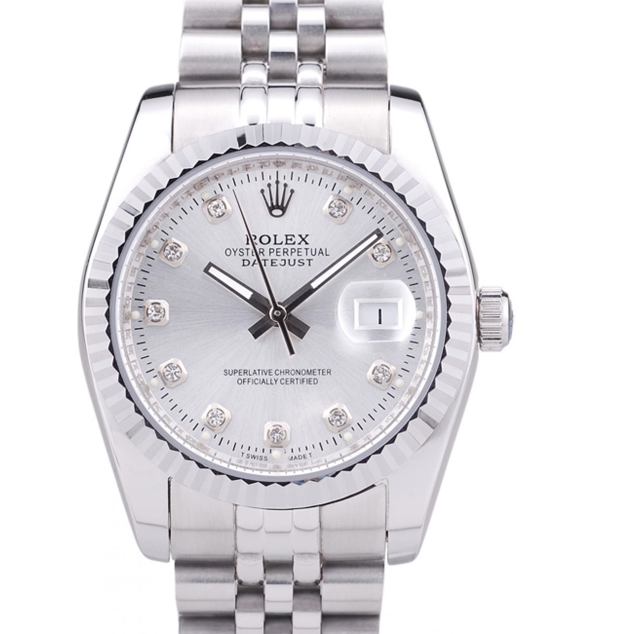 Aaa replica Ribbed 7455 Silver Datejust Diamonds Bezel Rolex Dial 0819